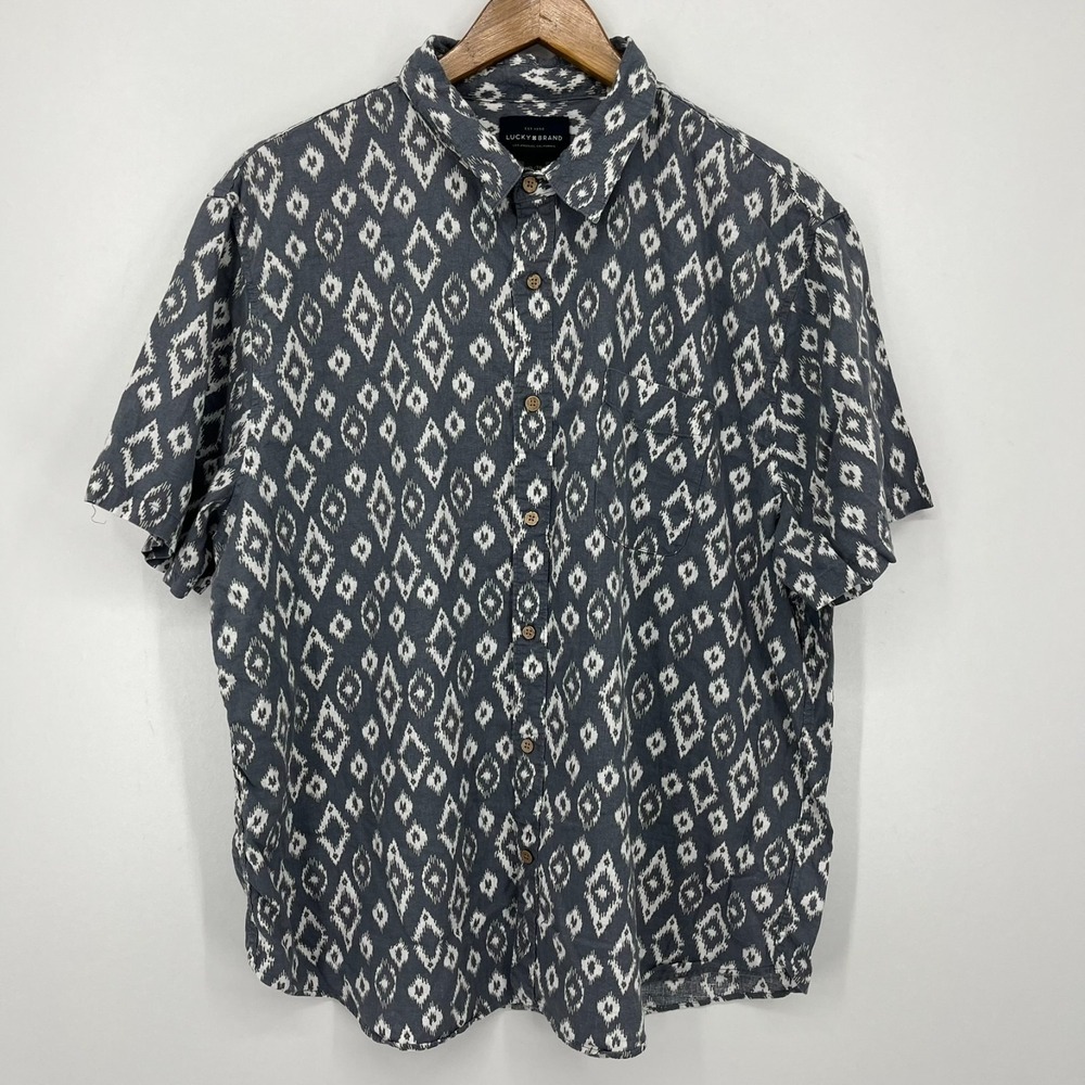 Lucky Brand Mens XL Grey Ikat‎ Diamond Linen Blend Short Sleeve Button Shirt